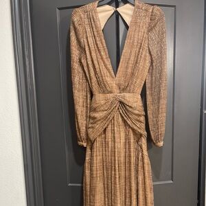 Gianni Bini Gold Ruched Wrap Gown with Bishop Sleeves